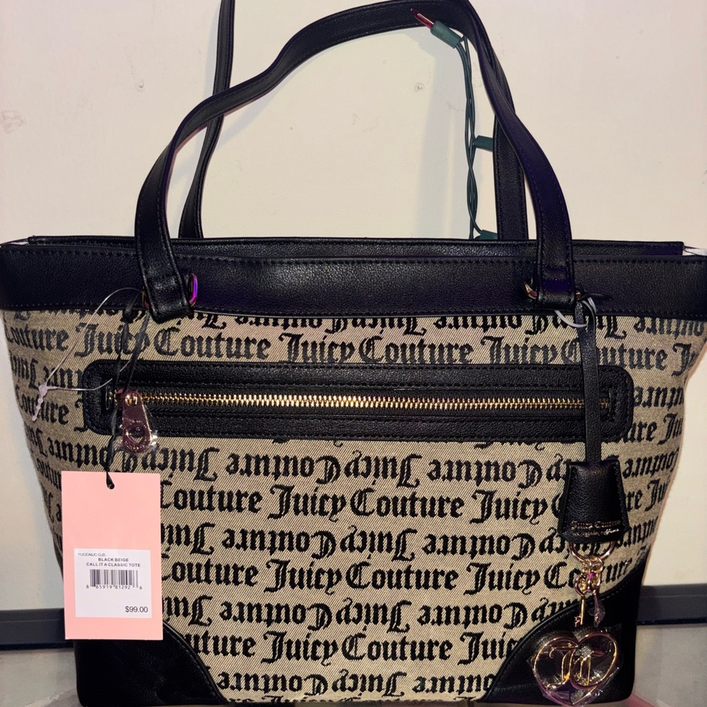 Juicy Couture Black and Tan Logo Canvas Tote with Charm